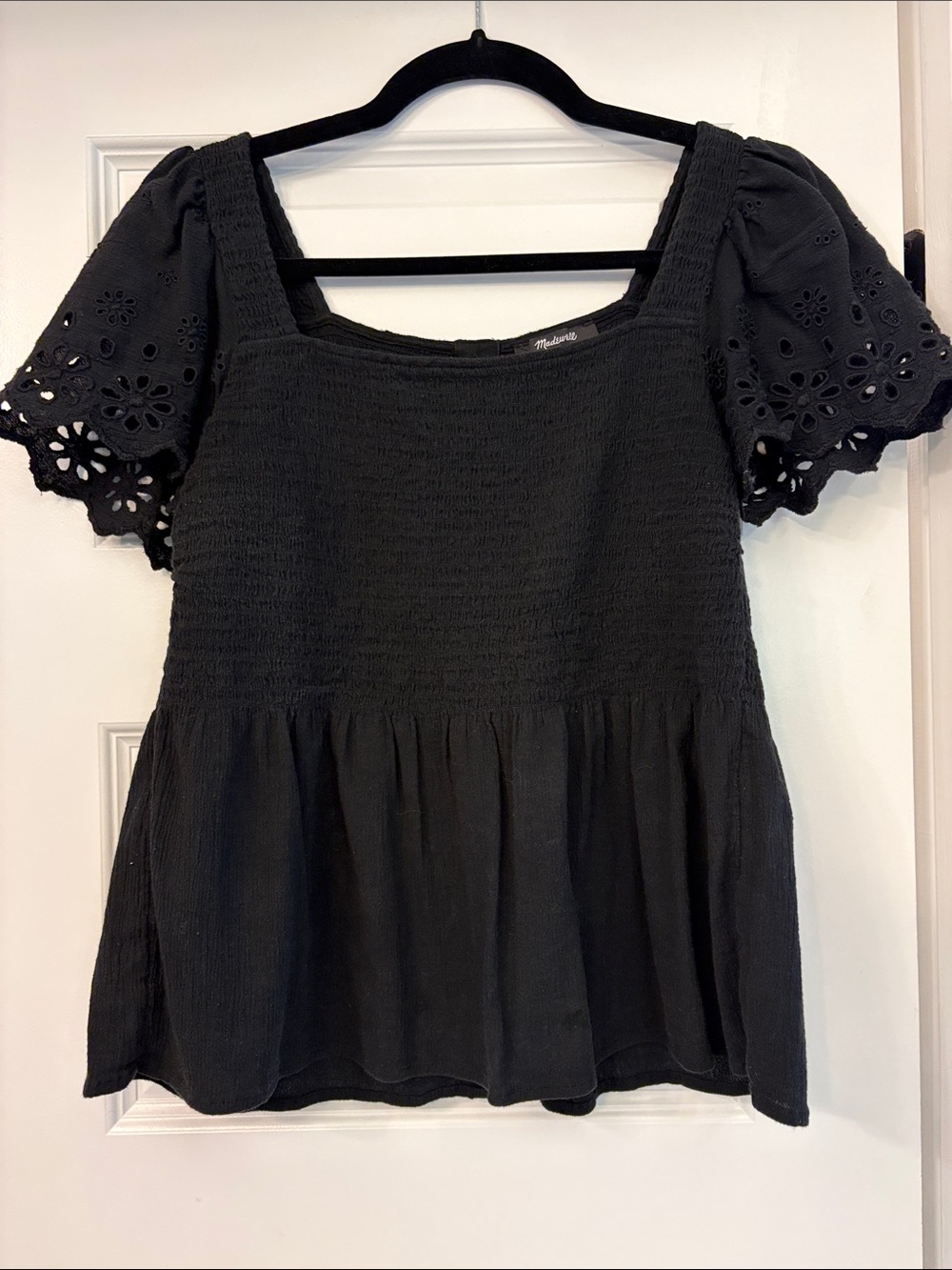 Madewell Black Square-Neck Eyelet Puff Sleeve Top